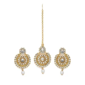 Women's Rose Gold Plated Alloy Kundan Earrings & Mangtikka (White)