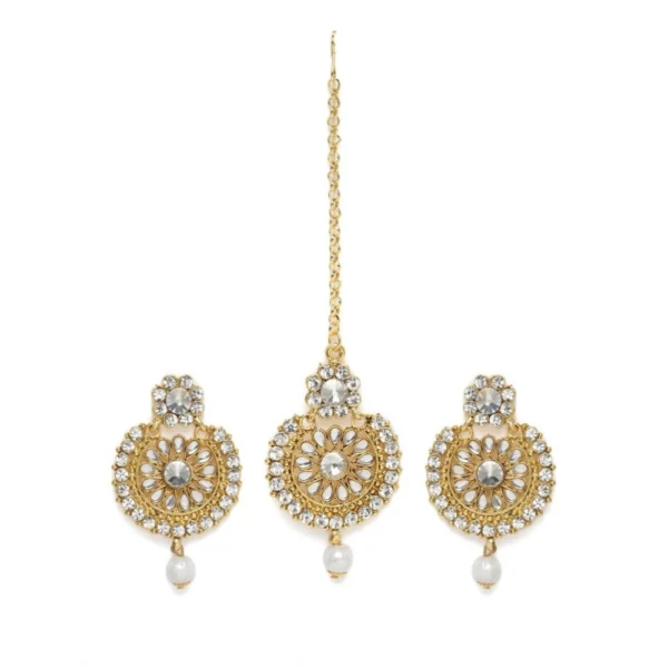 Women's Rose Gold Plated Alloy Kundan Earrings & Mangtikka (White)