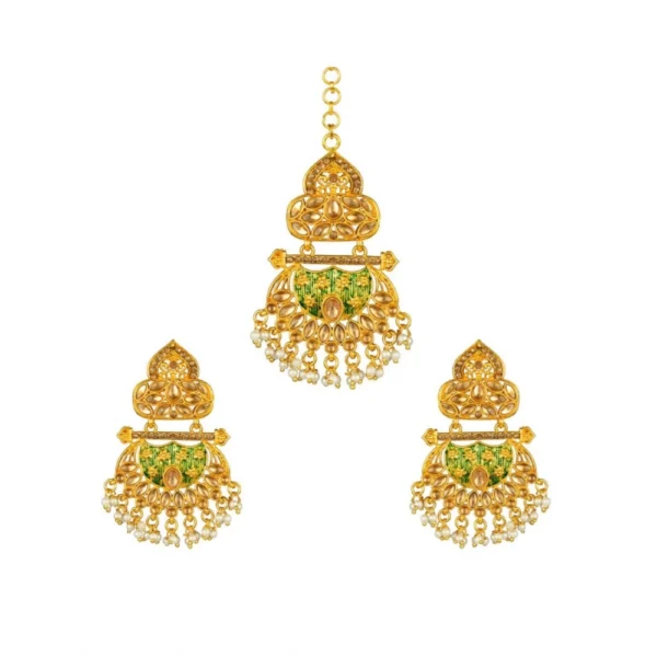 Women's Rose Gold Plated Alloy Kundan Earrings & Mangtikka (Green)