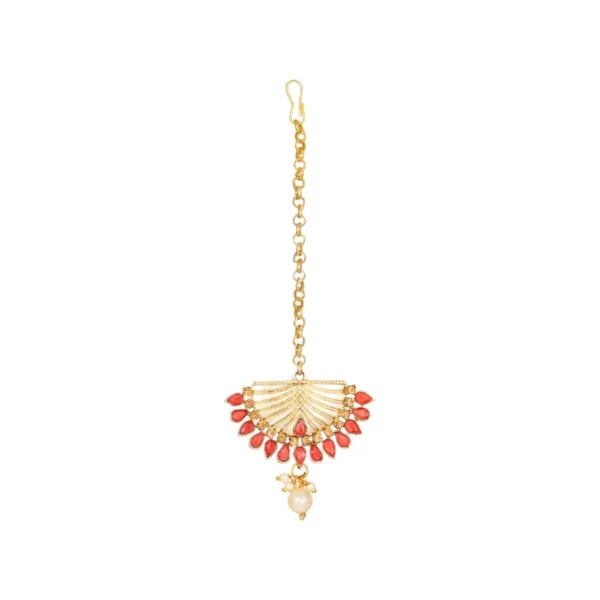 Women's Rose Gold Plated Alloy Kundan Earrings & Mangtikka (Gold & Red)