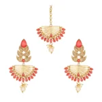 Women's Rose Gold Plated Alloy Kundan Earrings & Mangtikka (Gold & Red)