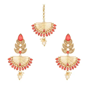 Women's Rose Gold Plated Alloy Kundan Earrings & Mangtikka (Gold & Red)