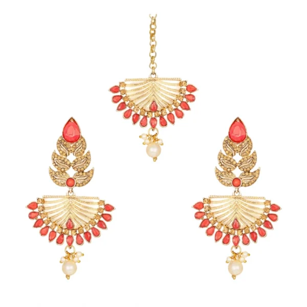 Women's Rose Gold Plated Alloy Kundan Earrings & Mangtikka (Gold & Red)