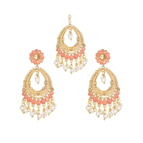 Women's Rose Gold Plated Alloy Kundan Earrings & Mangtikka (Pink)