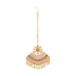 Women's Rose Gold Plated Alloy Kundan Earrings & Mangtikka (Pink)