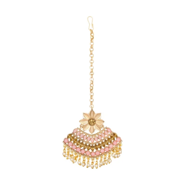 Women's Rose Gold Plated Alloy Kundan Earrings & Mangtikka (Pink)
