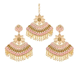 Women's Rose Gold Plated Alloy Kundan Earrings & Mangtikka (Pink)