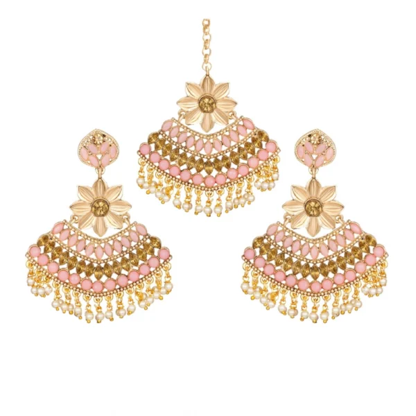 Women's Rose Gold Plated Alloy Kundan Earrings & Mangtikka (Pink)