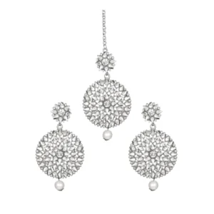 Women's Rose Gold Plated Alloy Kundan Earrings & Mangtikka (White)