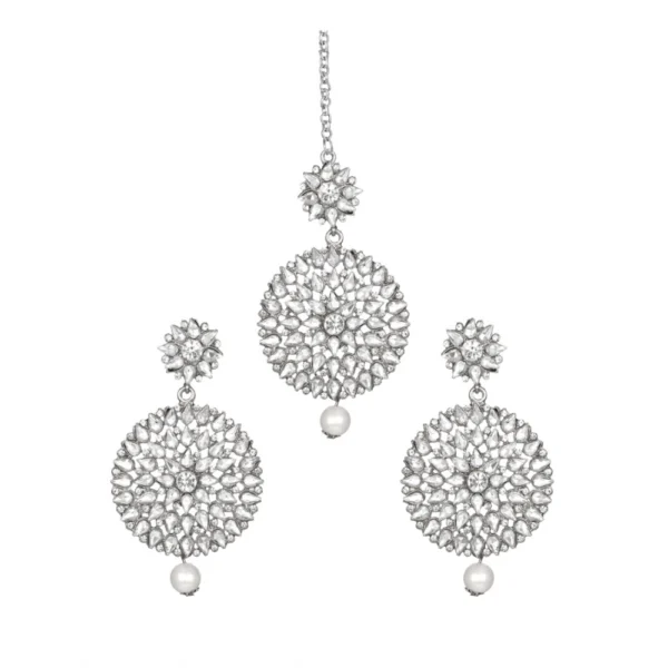Women's Rose Gold Plated Alloy Kundan Earrings & Mangtikka (White)