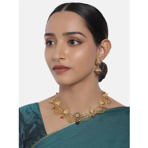 Women's Rose Gold Plated Alloy Necklace Set (Green & Red)