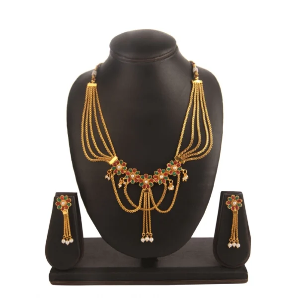 Women's Rose Gold Plated Alloy Necklace Set (Green & Red)