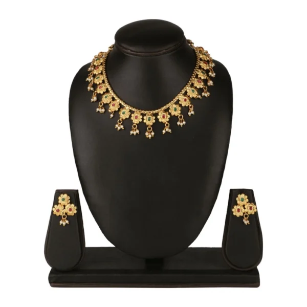 Women's Rose Gold Plated Alloy Necklace & Earings Set (Green & Red)