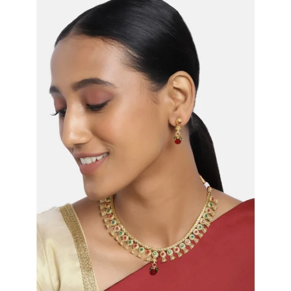 Women's Rose Gold Plated Alloy Necklace & Earings Set (Green & Red)