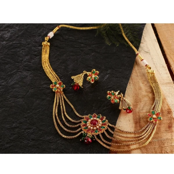 Women's Rose Gold Plated Alloy Necklace & Earings Set (Green & Red)
