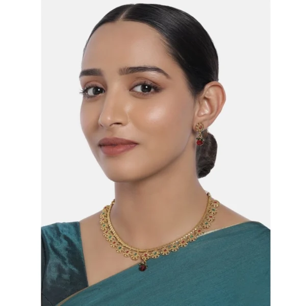 Women's Rose Gold Plated Alloy Necklace & Earings Set (Green & Red)