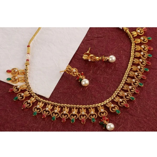 Women's Rose Gold Plated Alloy Necklace & Earings Set (Green & Red)