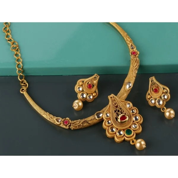 Women's Rose Gold Plated Alloy Necklace & Earings Set (White & Red)