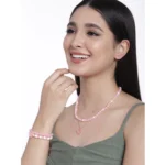 Women's Rose Gold Plated Brass Pendant Chain With Beaded Bracelet (Pink)