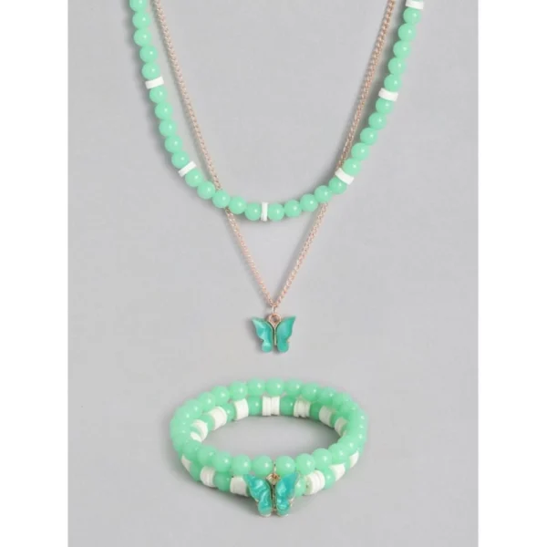 Women's Rose Gold Plated Brass Pendant Chain With Beaded Bracelet (Light Green)