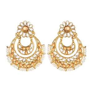Women's Rose Gold Plated Alloy Kundan Earrings & Mangtikka (White & Gold)