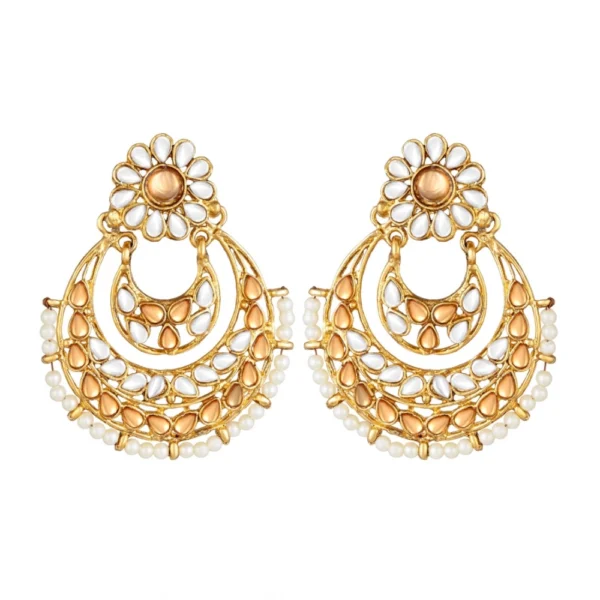 Women's Rose Gold Plated Alloy Kundan Earrings & Mangtikka (White & Gold)