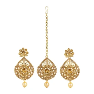 Women's Rose Gold Plated Alloy Kundan Earrings & Mangtikka (Gold)