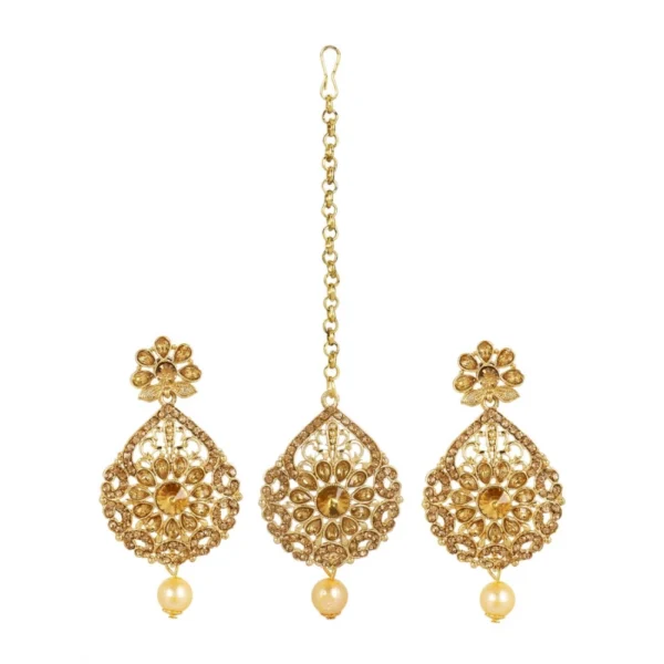 Women's Rose Gold Plated Alloy Kundan Earrings & Mangtikka (Gold)