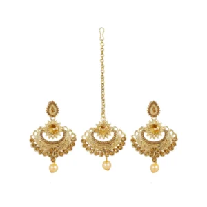 Women's Rose Gold Plated Alloy Kundan Earrings & Mangtikka (Gold)