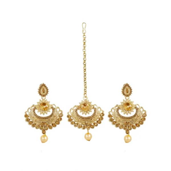Women's Rose Gold Plated Alloy Kundan Earrings & Mangtikka (Gold)