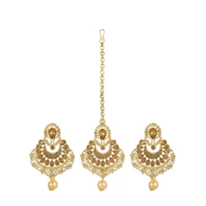 Women's Rose Gold Plated Alloy Kundan Earrings & Mangtikka (Gold)