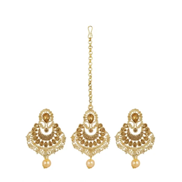 Women's Rose Gold Plated Alloy Kundan Earrings & Mangtikka (Gold)