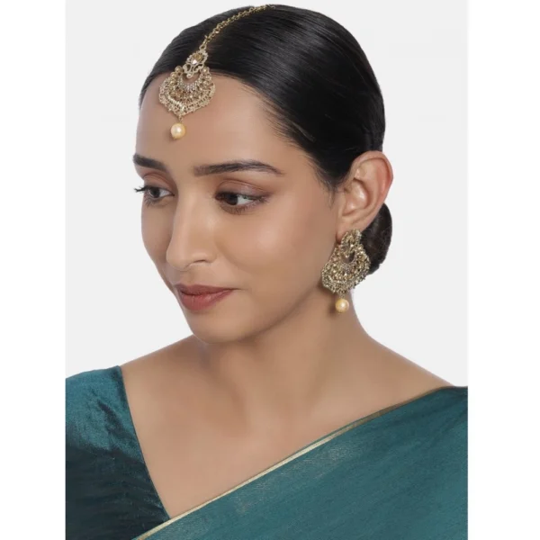 Women's Rose Gold Plated Alloy Kundan Earrings & Mangtikka (Gold)