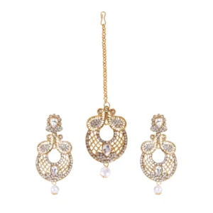 Women's Rose Gold Plated Alloy Kundan Earrings & Mangtikka (White)