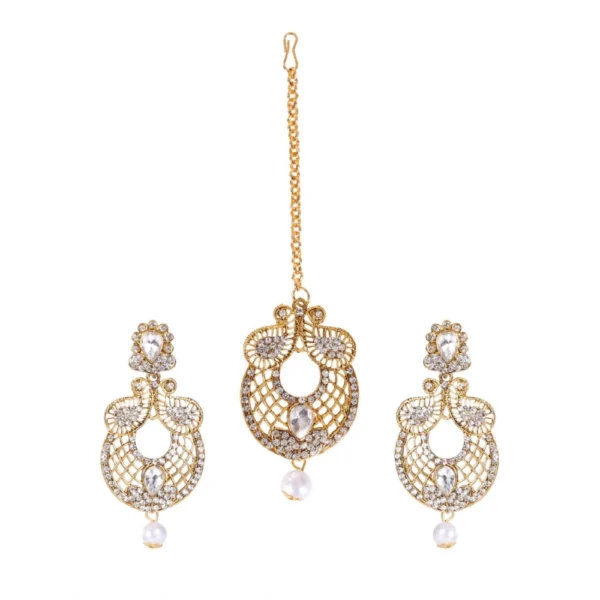 Women's Rose Gold Plated Alloy Kundan Earrings & Mangtikka (White)