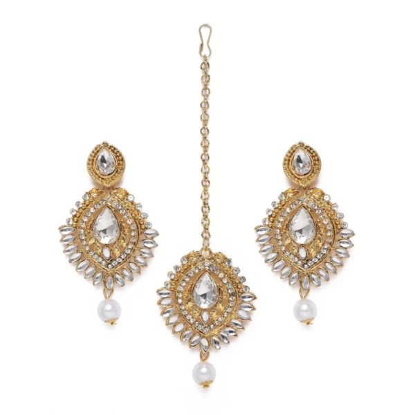 Women's Rose Gold Plated Alloy Kundan Earrings & Mangtikka (White)