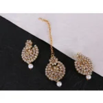 Women's Rose Gold Plated Alloy Kundan Earrings & Mangtikka (White)