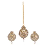 Women's Rose Gold Plated Alloy Kundan Earrings & Mangtikka (White)