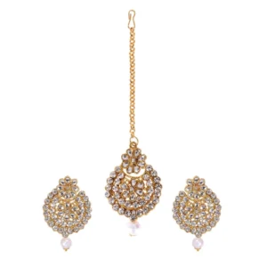 Women's Rose Gold Plated Alloy Kundan Earrings & Mangtikka (White)