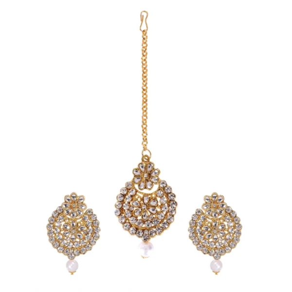 Women's Rose Gold Plated Alloy Kundan Earrings & Mangtikka (White)
