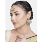 Women's Rose Gold Plated Alloy Kundan Earrings & Mangtikka (White)