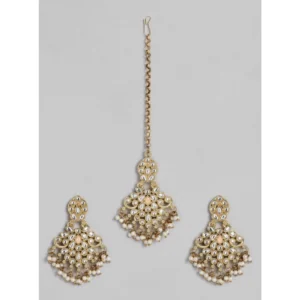Women's Rose Gold Plated Alloy Kundan Earrings & Mangtikka (White)