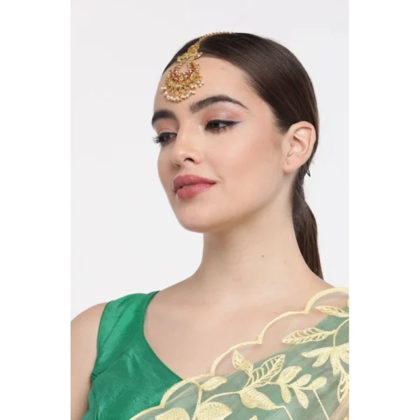 Women's Rose Gold Plated Alloy Kundan Earrings & Mangtikka (Maroon)