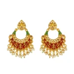 Women's Rose Gold Plated Alloy Kundan Earrings & Mangtikka (Red & Green)