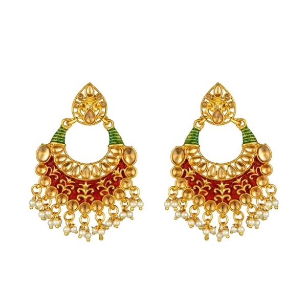 Women's Rose Gold Plated Alloy Kundan Earrings & Mangtikka (Red & Green)