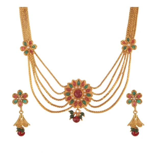 Women's Rose Gold Plated Alloy Necklace & Earings Set (Green & Red)