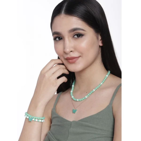 Women's Rose Gold Plated Brass Pendant Chain With Beaded Bracelet (Light Green)