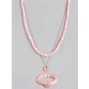 Women's Rose Gold Plated Brass Pendant Chain With Beaded Bracelet (Pink)