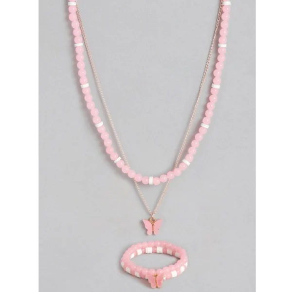 Women's Rose Gold Plated Brass Pendant Chain With Beaded Bracelet (Pink)