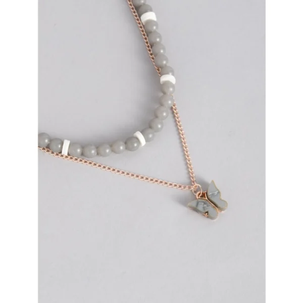 Women's Rose Gold Plated Brass Pendant Chain With Beaded Bracelet (Grey)